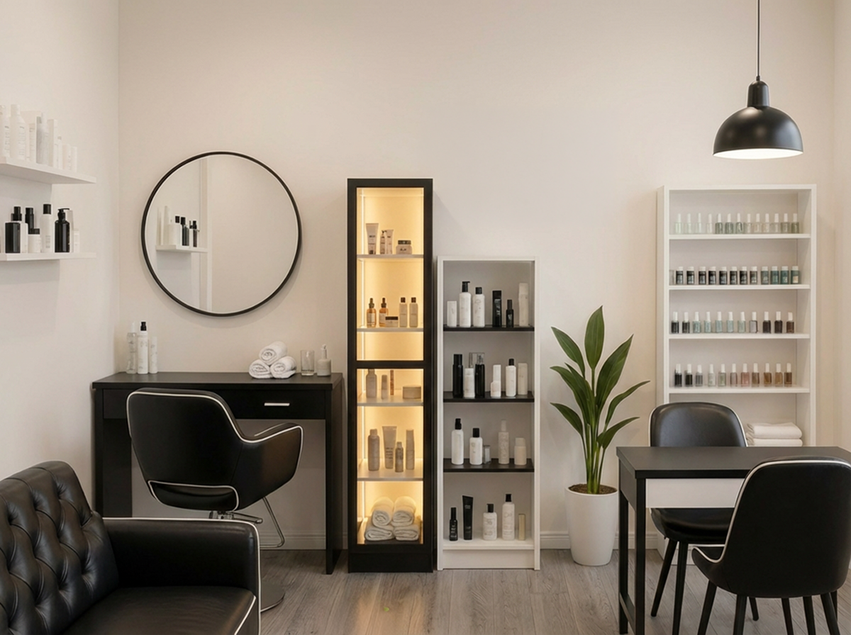 Illuminated cabinet in beauty studio